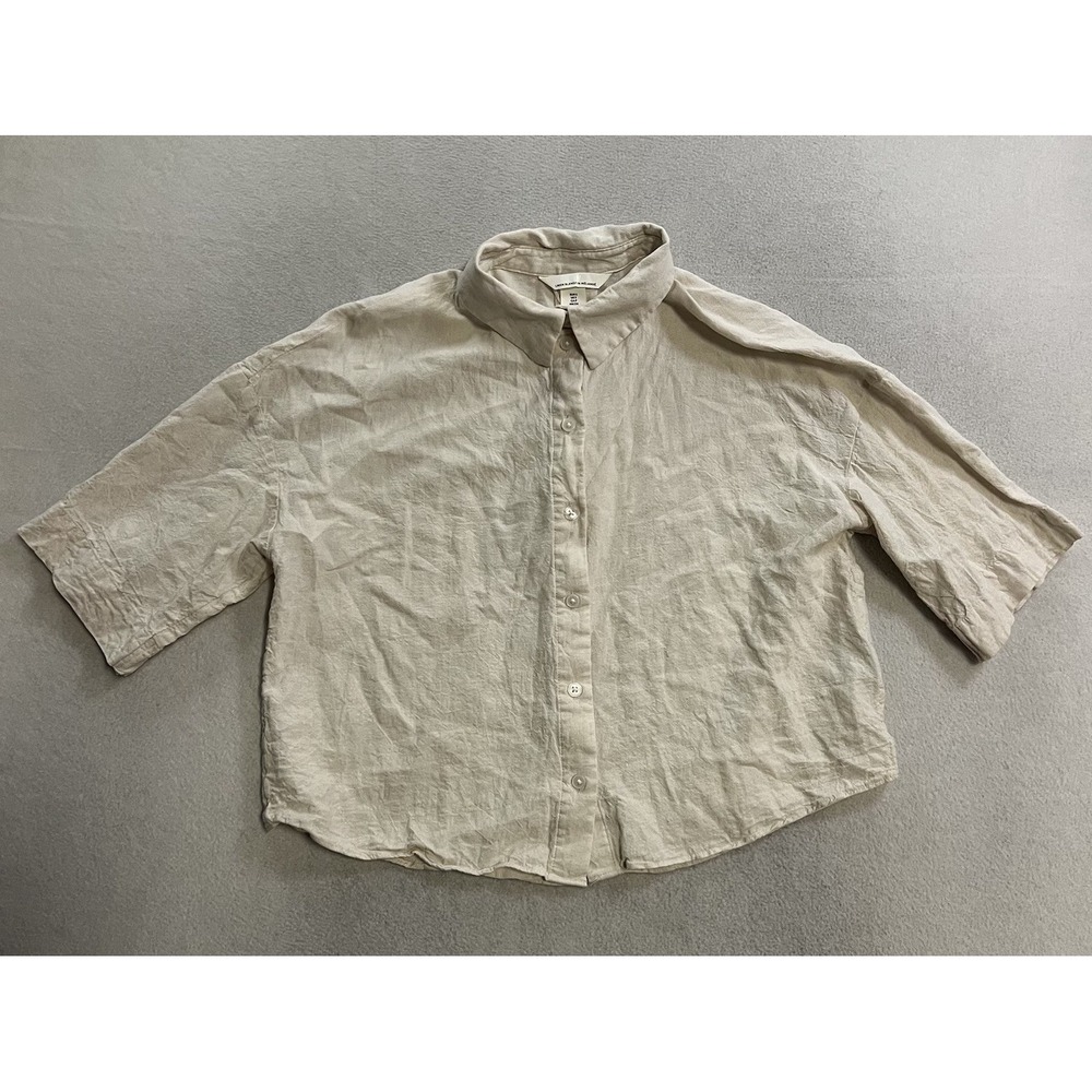 H and M Blouse Womens Size Small Oatmeal Cropped Linen Boxy Oversize Lagenlook